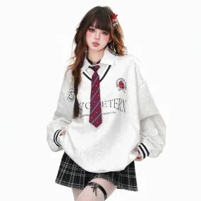 American College Style POLO Collar Fake Two-Piece Sweatshirt