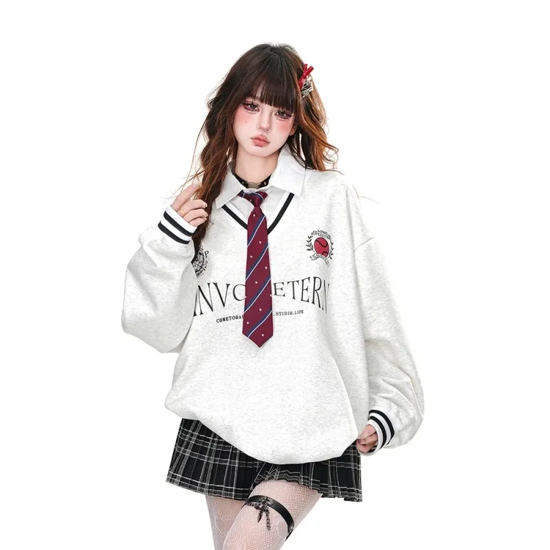 American College Style POLO Collar Fake Two-Piece Sweatshirt