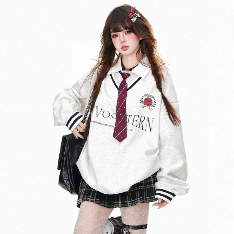 American College Style POLO Collar Fake Two-Piece Sweatshirt