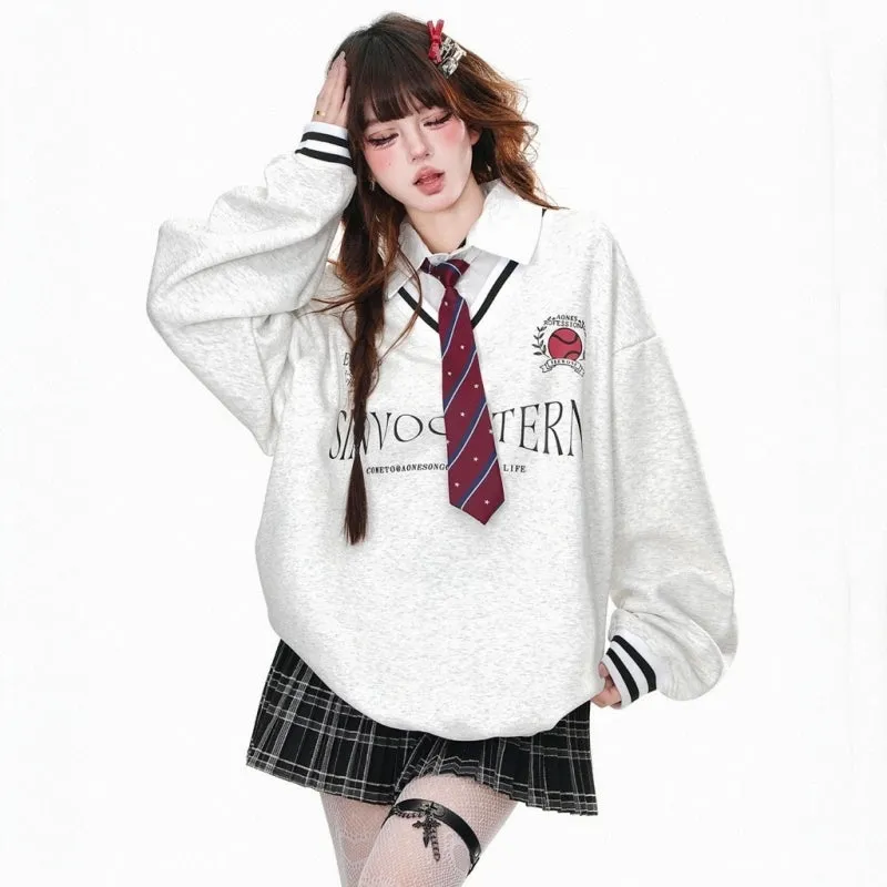 American College Style POLO Collar Fake Two-Piece Sweatshirt