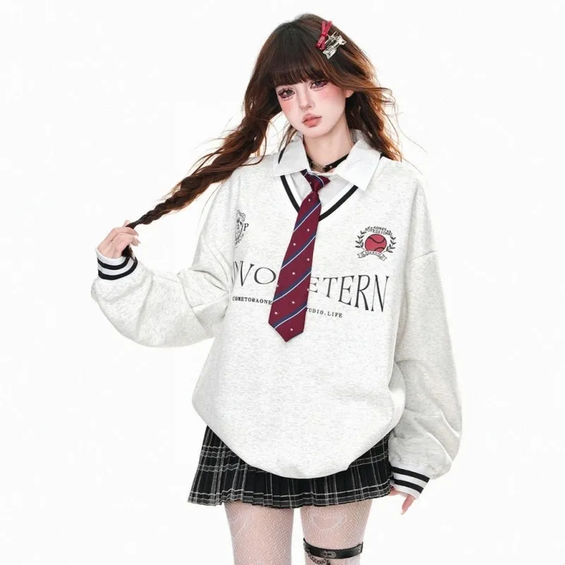 American College Style POLO Collar Fake Two-Piece Sweatshirt