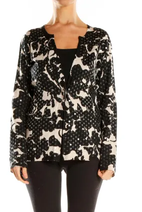 Black and White Floral Print Knit Cardigan