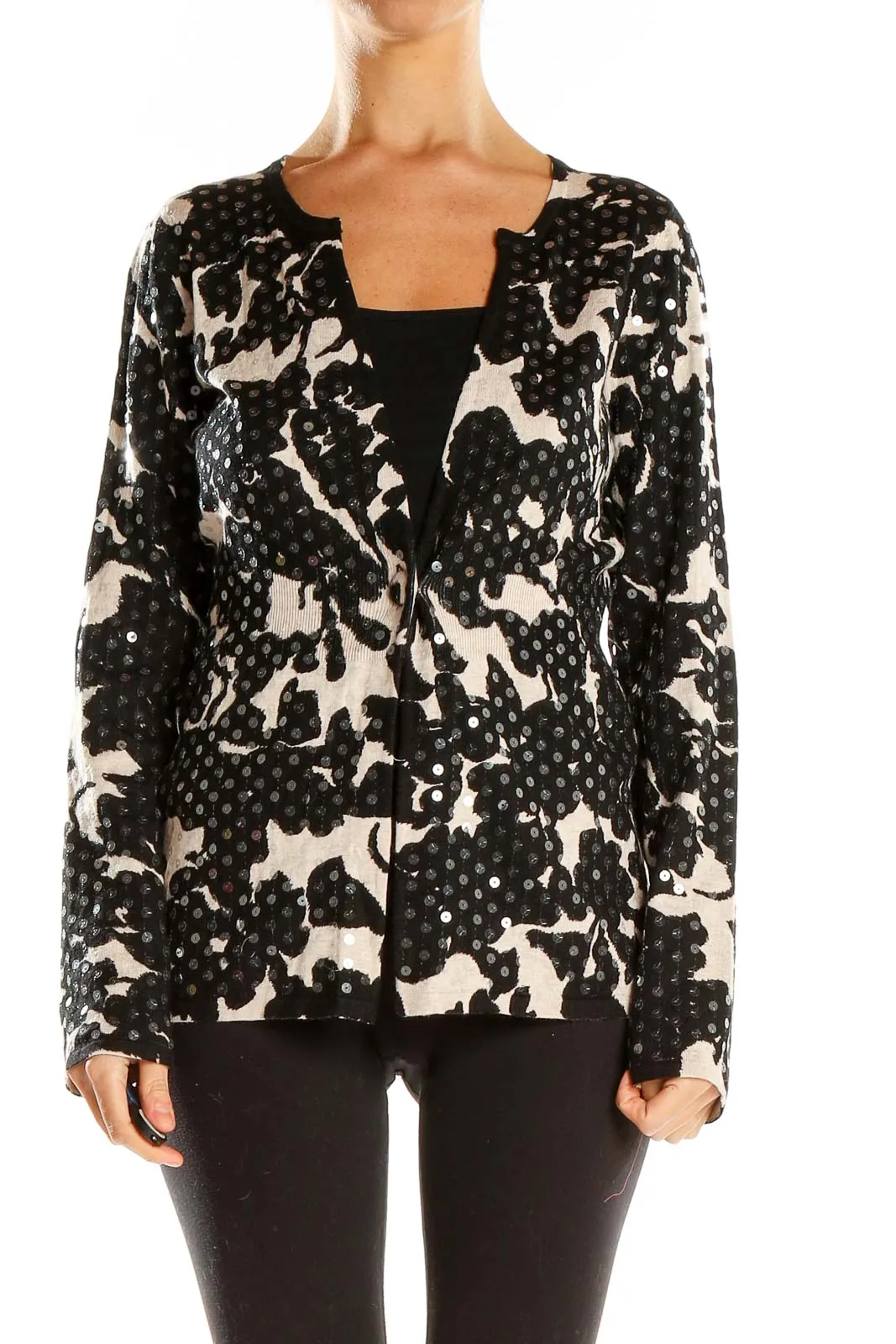 Black and White Floral Print Knit Cardigan