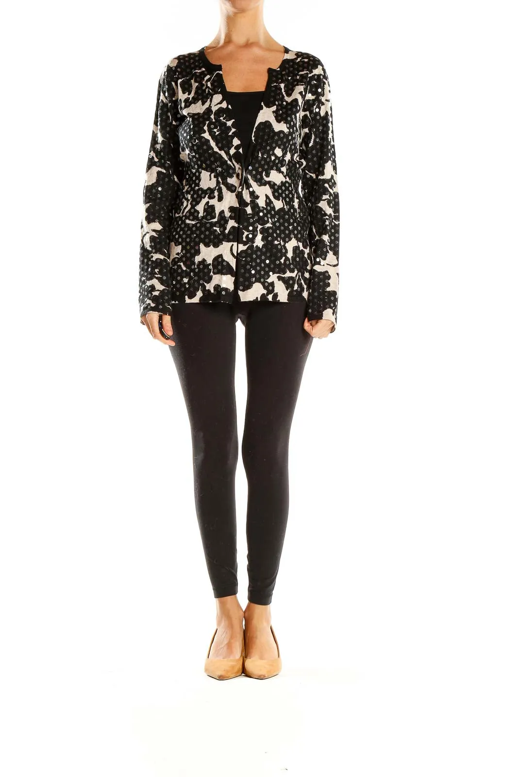 Black and White Floral Print Knit Cardigan
