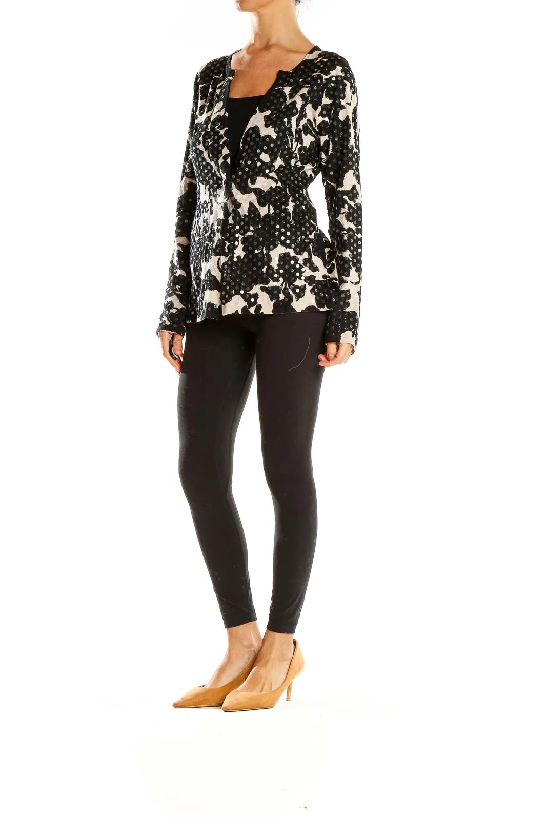 Black and White Floral Print Knit Cardigan