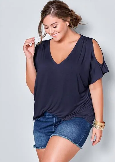 Cold Shoulder Basic V Neck Tee