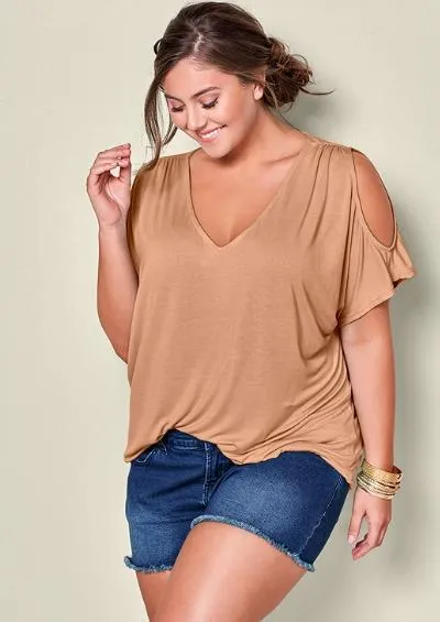 Cold Shoulder Basic V Neck Tee