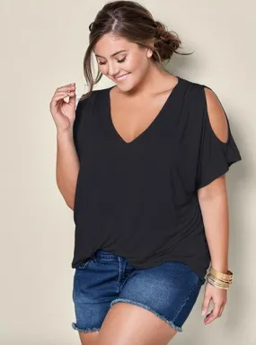 Cold Shoulder Basic V Neck Tee