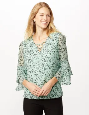 Dotted Bubble Hem Woven Top with Triple Sleeve and Crisscross Neckline Detail