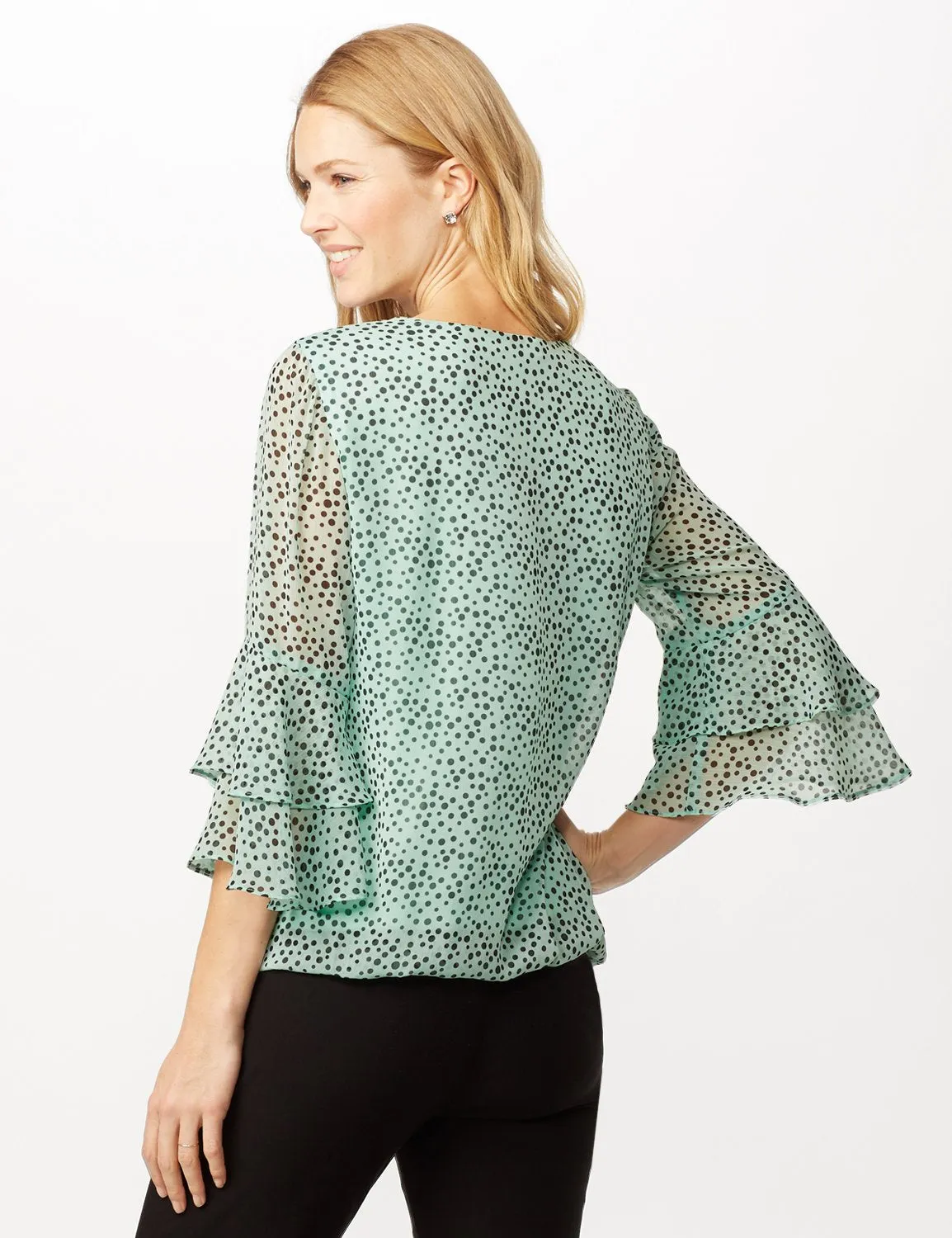 Dotted Bubble Hem Woven Top with Triple Sleeve and Crisscross Neckline Detail