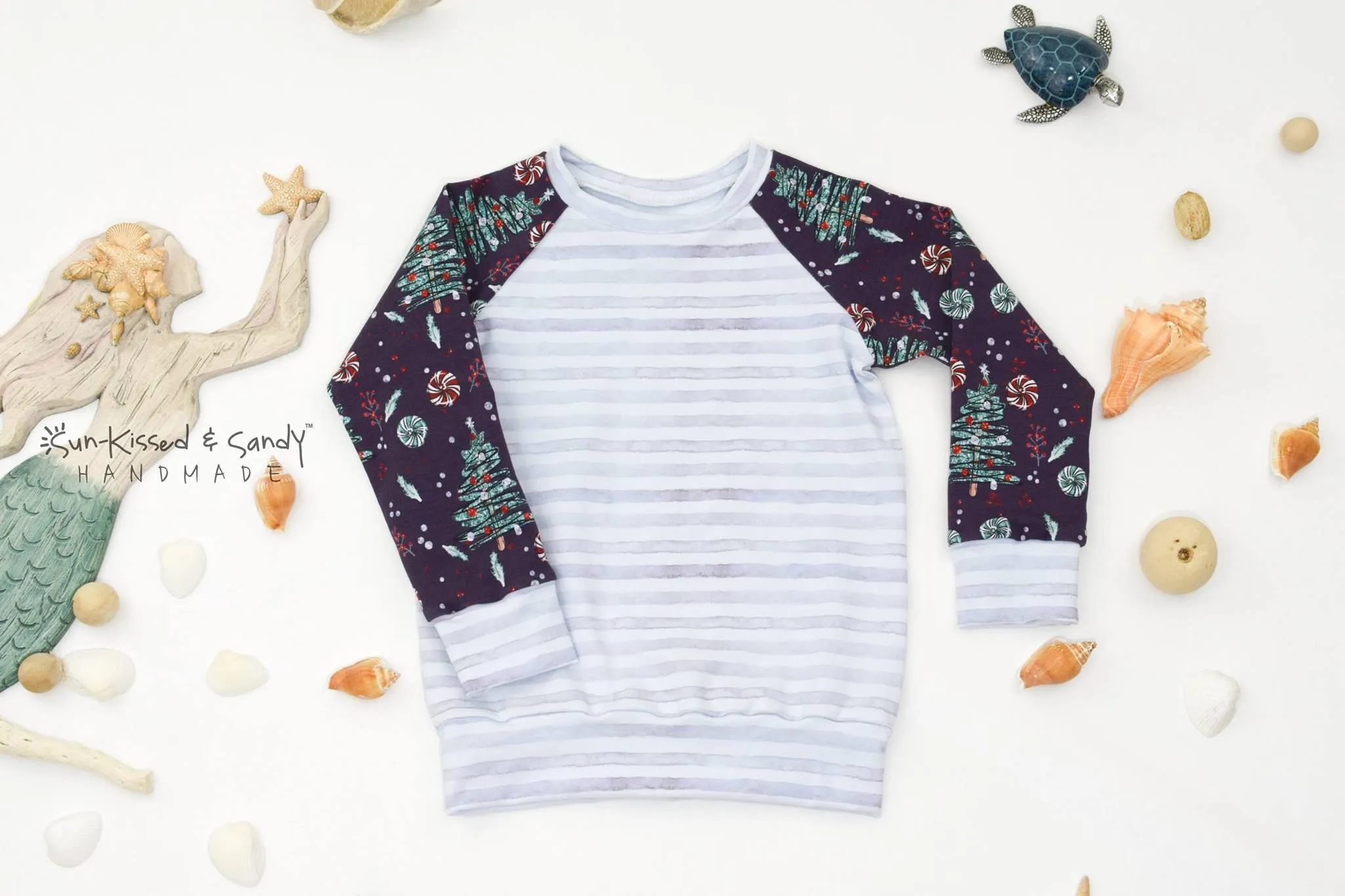 Glitzy Peppermint Watercolor Grey Stripe Long Sleeve Raglan - RTS