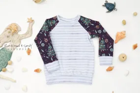 Glitzy Peppermint Watercolor Grey Stripe Long Sleeve Raglan - RTS