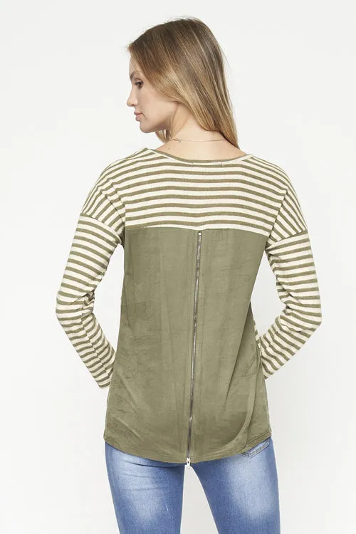 Ivory Stripe Knit Long Sleeve Suade Detail Knit Top (D71260)