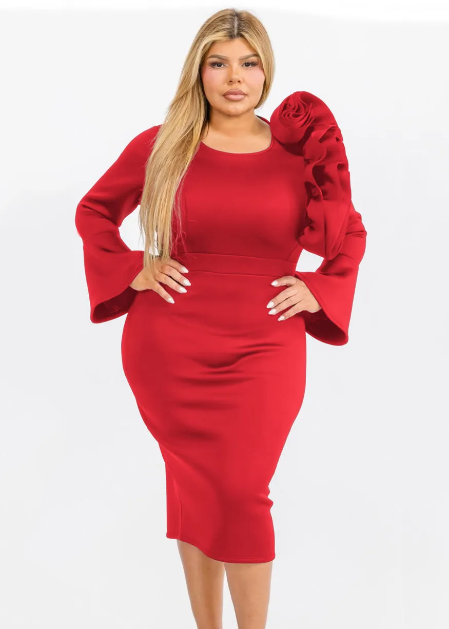 Plus Size Bell Sleeves Elegance Flower Shoulder Detail Midi Dresses