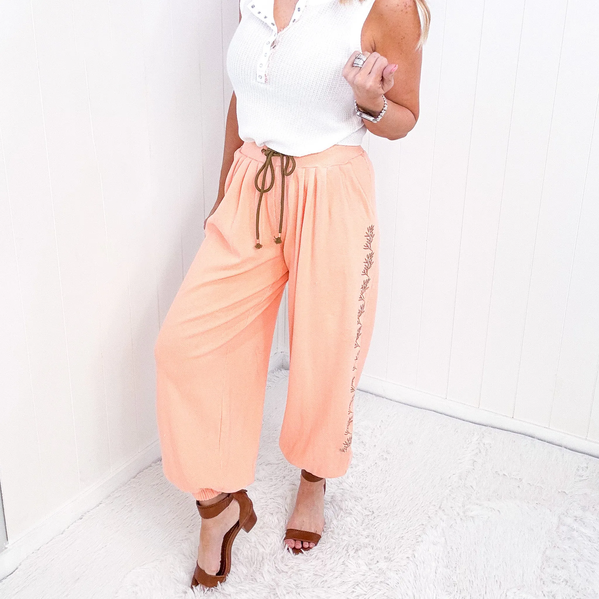 Pol Peach Jam Embroidered Floral Joggers