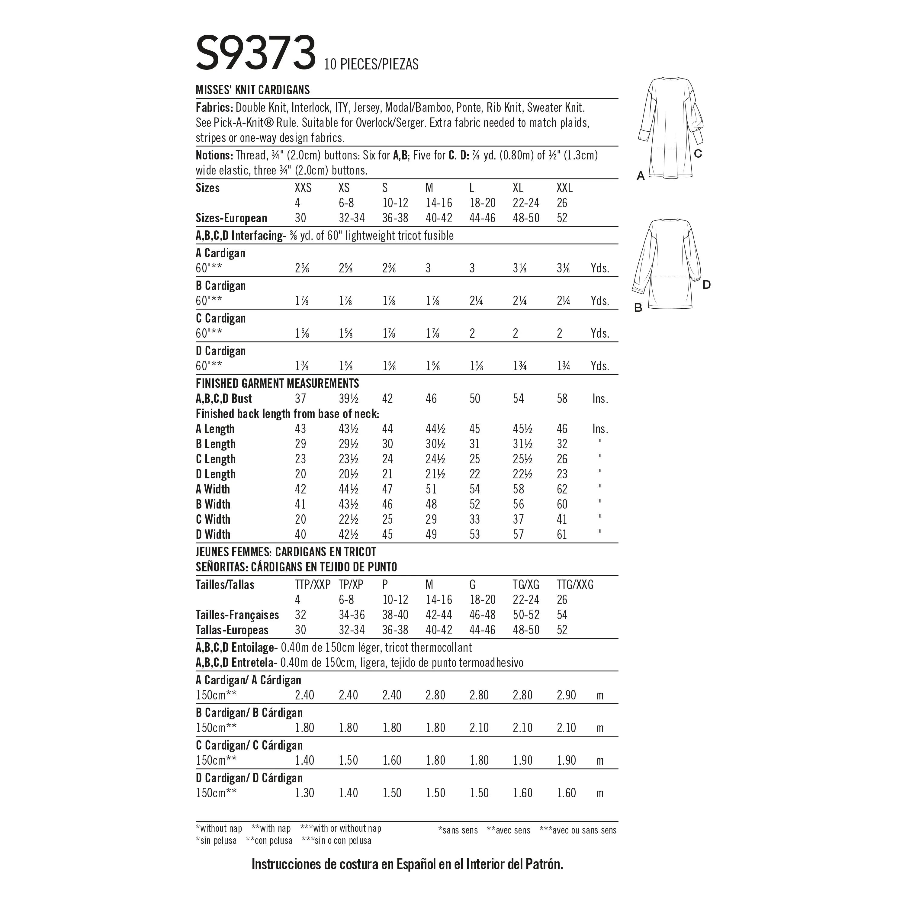 Simplicity S9373 Misses' Knit Cardigans (XXS-XS-S-M-L-XL-XXL)
